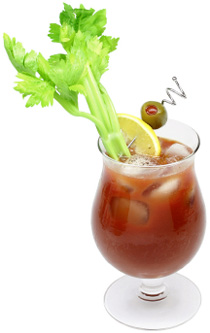 The bloody mary, a popular cocktail favorite, garnished with celery, lemon & olive.